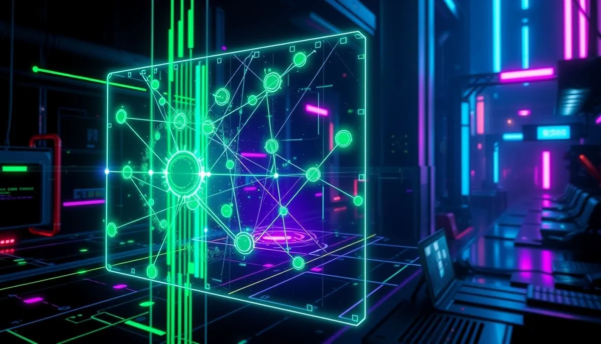 Interfaz holográfica cyberpunk mostrando componentes SQL prompt en espacio digital neón