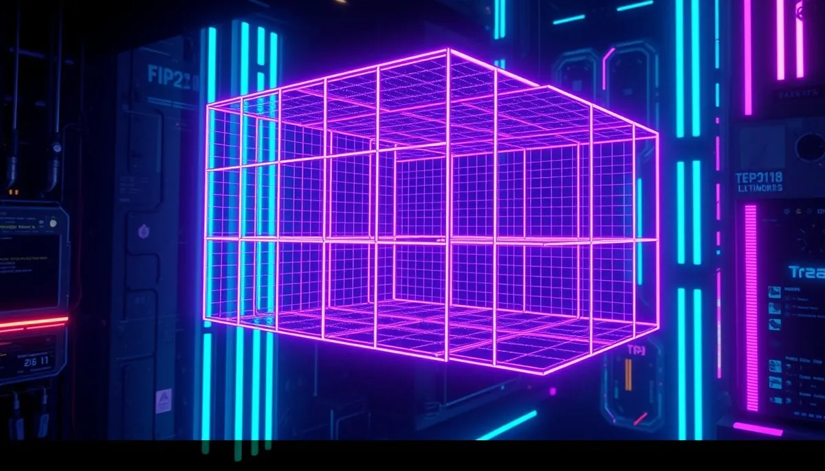 Tabla base de datos 3D flotante con nomenclatura SQL destacada en hologramas cyberpunk
