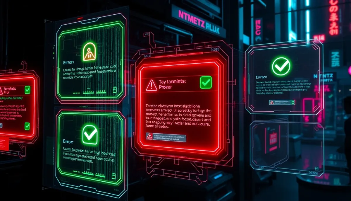 Terminal validación cyberpunk con pantallas holográficas análisis código SQL y indicadores error