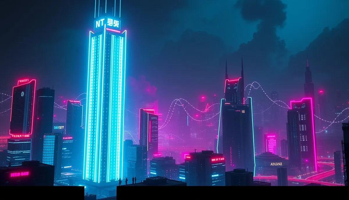 Comparativa de precios de diferentes modelos GPT de OpenAI representados como estructuras holográficas en ambiente futurista Torres neon mostrando tarifas modelos GPT en paisaje urbano cyberpunk