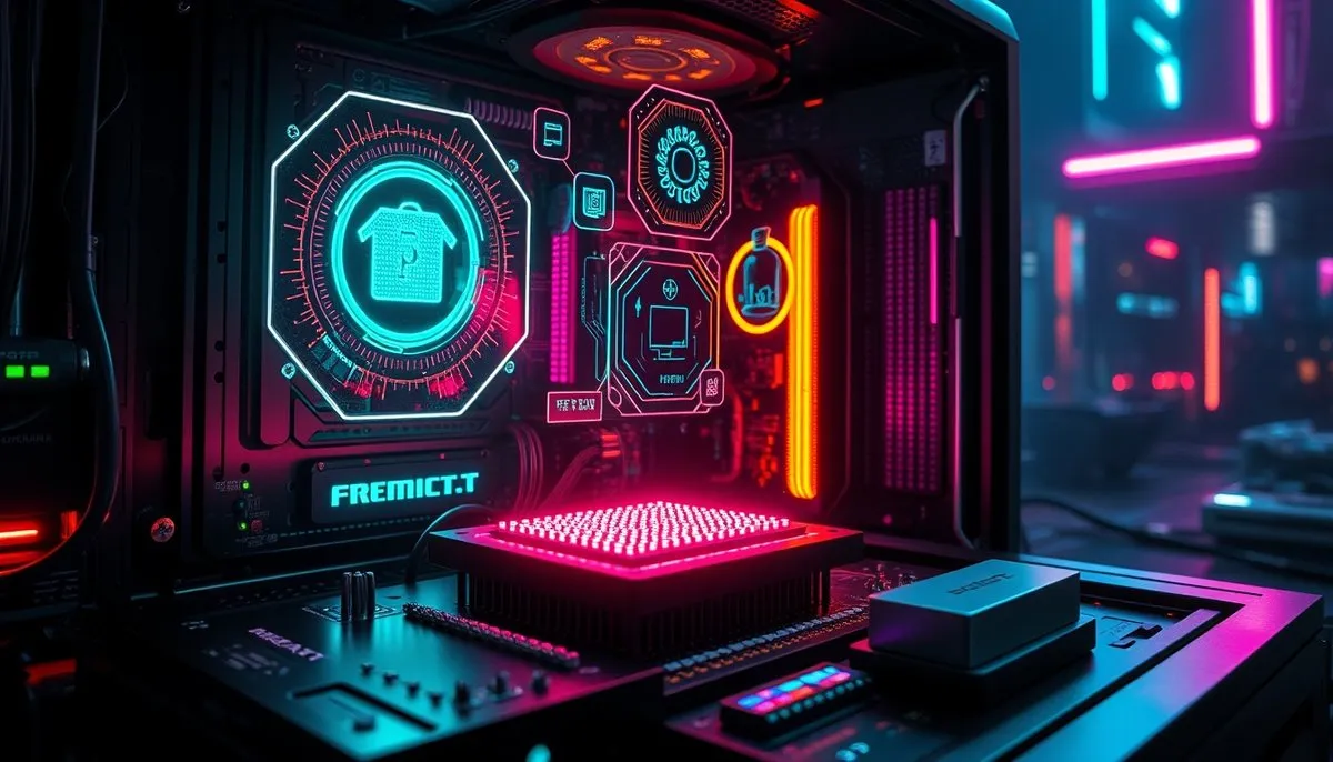 Requisitos del sistema DeepSeek con iconos holográficos de Python, RAM y CPU en estilo cyberpunk