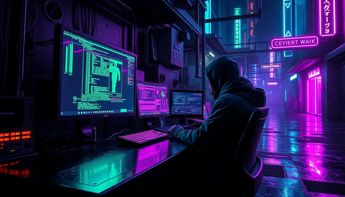 Estación de trabajo cyberpunk mostrando documentación y proceso de registro en OpenAI API para desarrolladores Documentación OpenAI API en pantallas cyberpunk para registro desarrolladores
