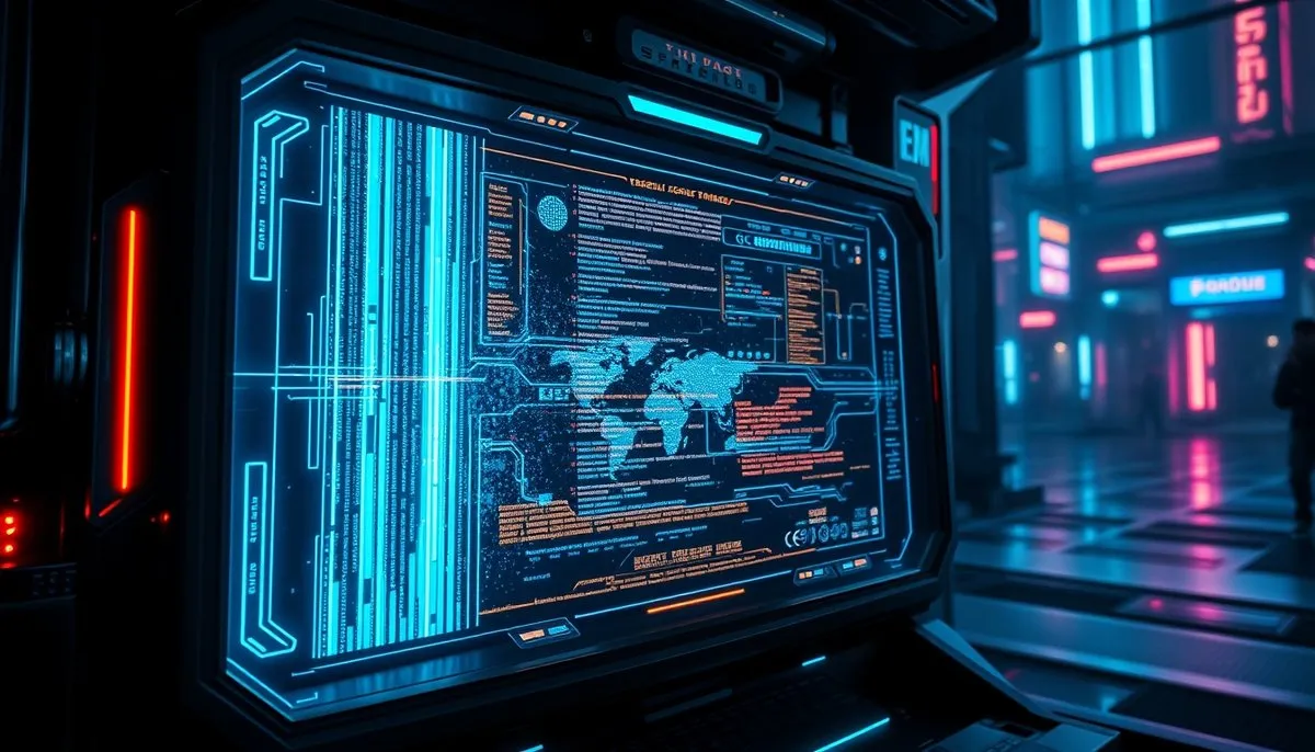 Terminal cyberpunk con prompt SQL estructurado en texto neón verde y efectos holográficos