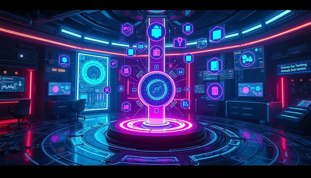Herramientas validación SQL como interfaces holográficas flotantes en workspace cyberpunk tech
