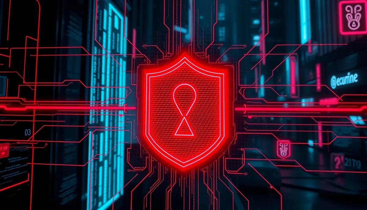 Sistema de seguridad cyberpunk para protección de claves API de IA con alertas de seguridad y mecanismos de encriptación Interfaz seguridad APIs IA con protección claves y alertas cyberpunk