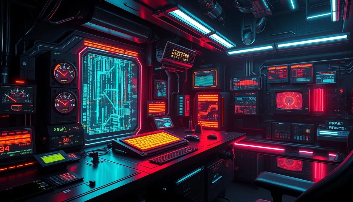 Herramientas y estrategias de optimización para reducir costes de tokens en modelos de IA con visualización cyberpunk Interfaz optimización prompts con medidores eficiencia en workspace futurista