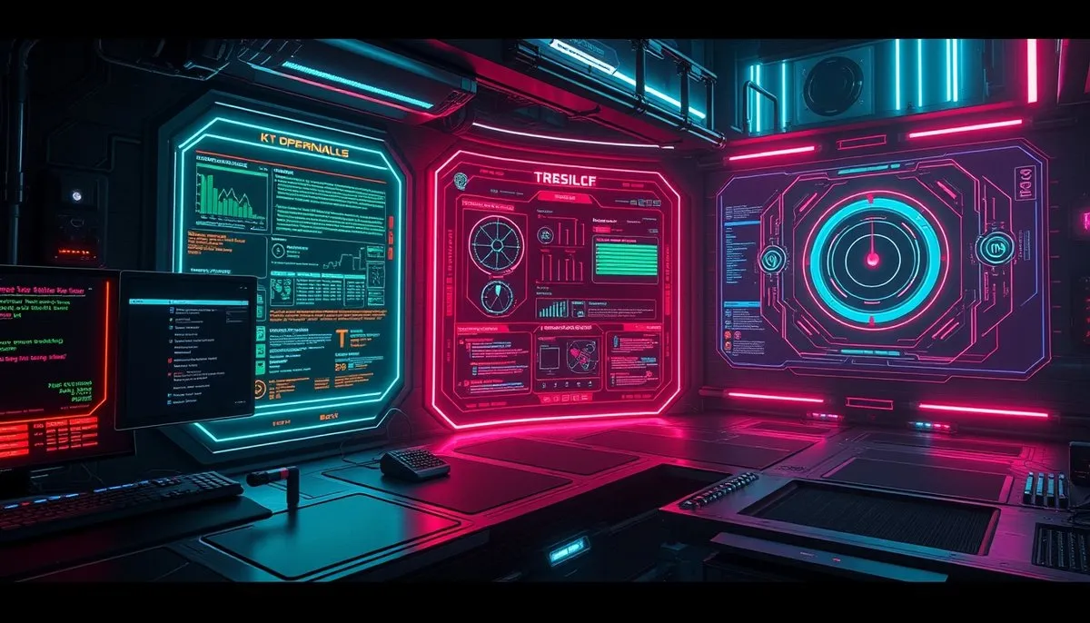 Interfaz variables de entorno cyberpunk con comandos terminal para Windows, macOS y Linux