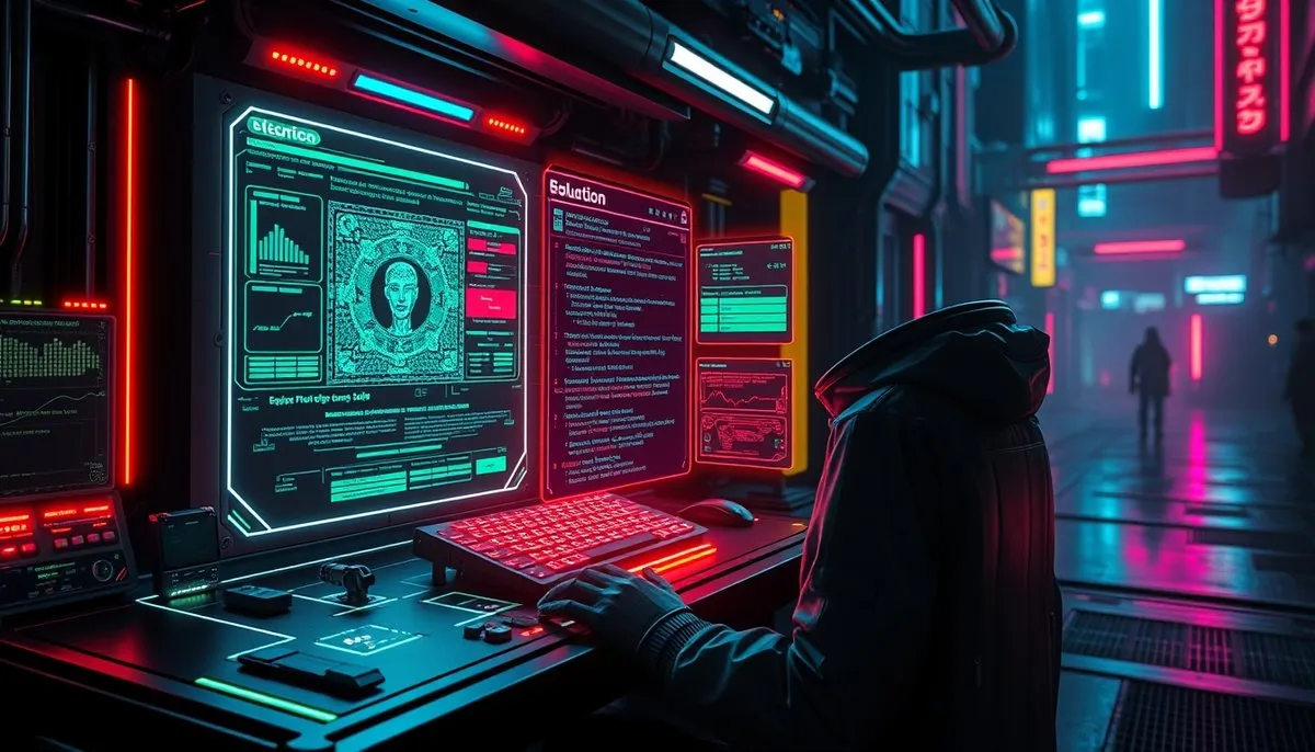 Dashboard troubleshooting DeepSeek con diagnósticos holográficos y consola debug cyberpunk