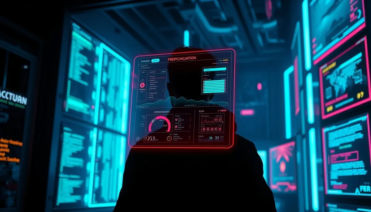Dashboard holográfico mostrando cobertura de pruebas unitarias con IA en estilo cyberpunk