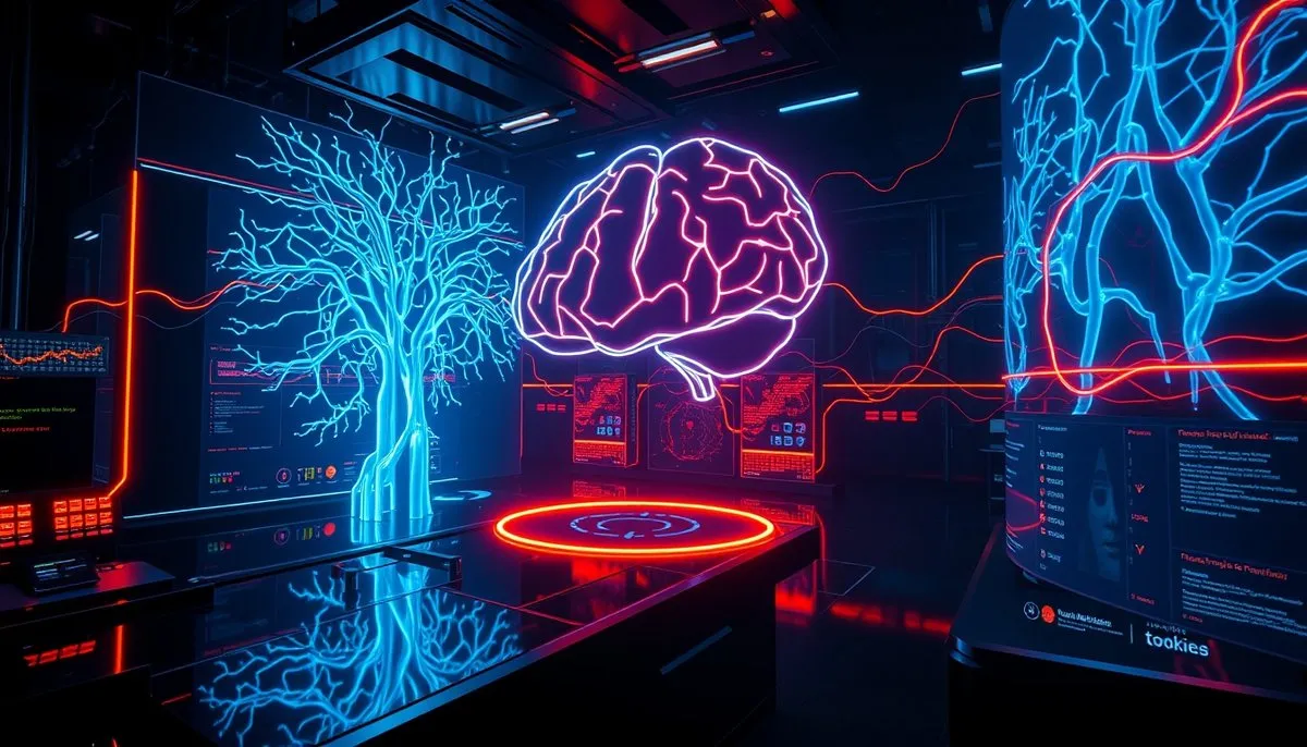 Laboratorio cyberpunk ejecutando Microsoft Azure Cognitive Services con visualizaciones de redes neuronales y flujos de datos de IA Servicios cognitivos Microsoft Azure AI en laboratorio cyberpunk con redes neuronales