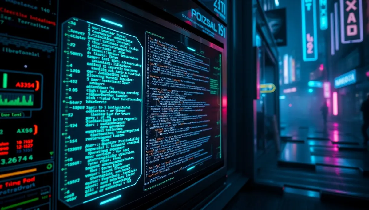 Editor código cyberpunk con definiciones tabla SQL y sintaxis resaltada en neón azul