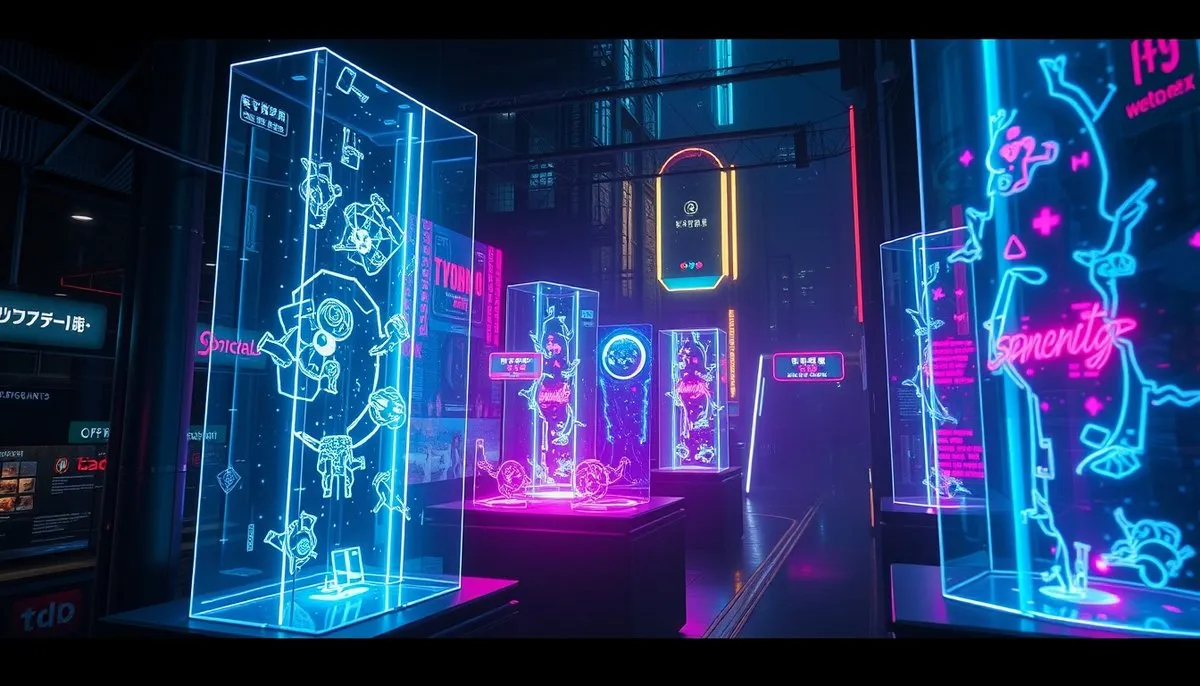 Ejemplos prácticos de cálculo de costes para APIs de IA presentados en displays holográficos con efectos neon Matriz cálculo costes AI con tablas holográficas en ambiente cyberpunk