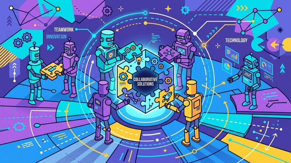 Agentes de IA colaborando en equipo con lineas de conexion y flujo de datos
