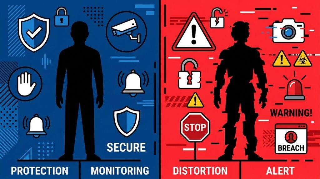 Ilustración de amenazas deepfake con silueta real y versión digital falsa con símbolos de seguridad